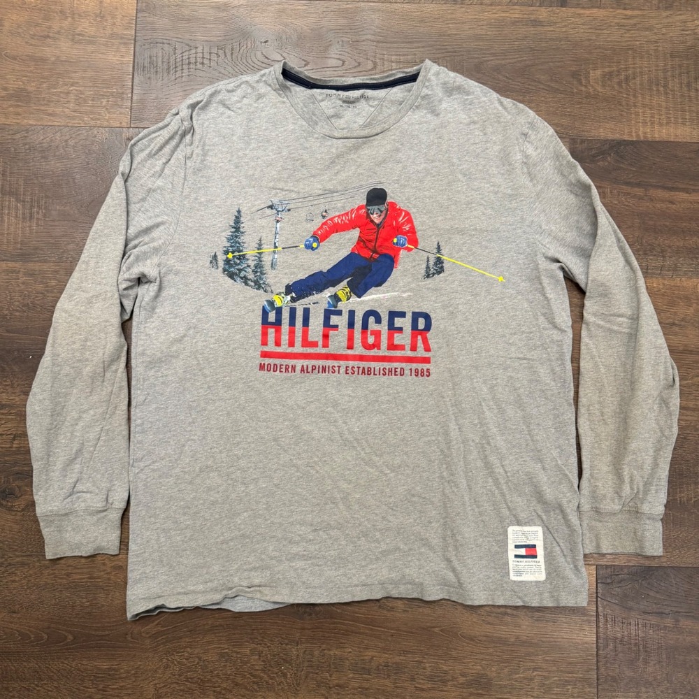 Tommy Hilfiger Mens XL Gray Long Sleeve Skier Graphic Tee Modern Alpinist Shirt